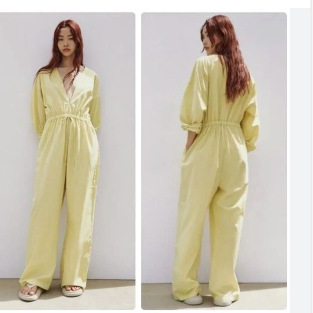 ZARA Voluminous COTTON POPLIN WIDE LEG JUMPSUIT IN Pistachio Bloggers Fave M